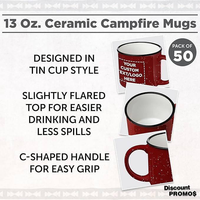 DISCOUNT PROMOS Custom Ceramic Campfire Coffee Mugs 13 oz. Set of 50, Personalized Bulk Pack - Perfect for Tea, Espresso, Cappuccino, Hot Cocoa - Red