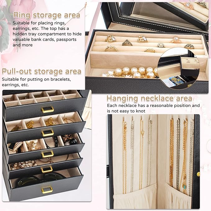 AKOZLIN Large Jewelry Box Organizer Functional Lockable with Big Mirror, Leather Jewelry Storage Case for Women Girls Ring Necklace Earring Bracelet Holder Organizer