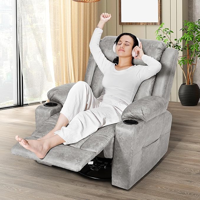 Retro Rocking Recliner Chair, Massage Rocker Recliner Chair with Vibration Massage and Heat, USB and Type-C Ports,360° Swivel Chairs, Living Room, Bedroom, Nursery, RV, Light Grey