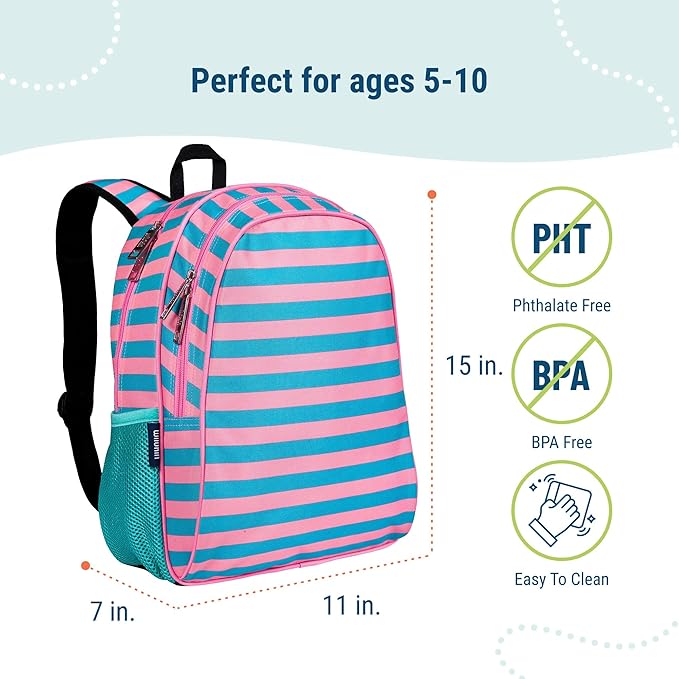 Wildkin 15-inch Kids Backpack – Durable, Padded, Adjustable for School & Travel - Pink Stripes