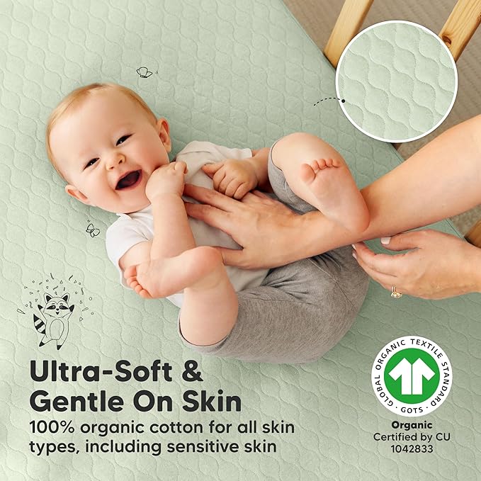 Waterproof Crib Mattress Protector Cover Fitted - 2-Pack Quiet Baby Crib Mattress Pad Sheets, 52" x 28" Soft Quilted Cotton Baby Sheet, Machine Washable, Easy Fit, Durable (Sage/Mavy)