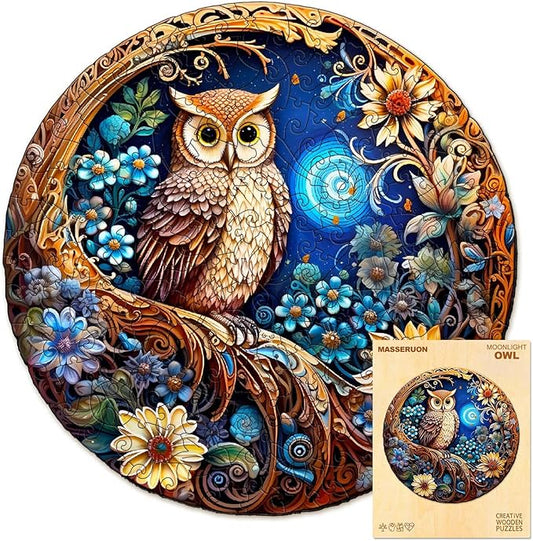 masseruon Wooden Puzzle for Adults-Moonlight Owl, Unique Shaped Jigsaw Puzzles(S, 100pieces, 8.4x8.4in), Beautiful Animal Owl Jigsaw Wood Puzzles Adult, Family Puzzle Game Christmas Birthday Gift