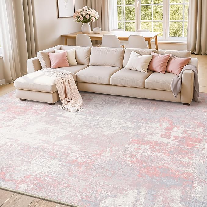 Washable Area Rugs 8'x10' Non-Slip Modern Abstract Soft for Living Room Entryway Bedroom Nursery, Print Pattern, Grey Pink