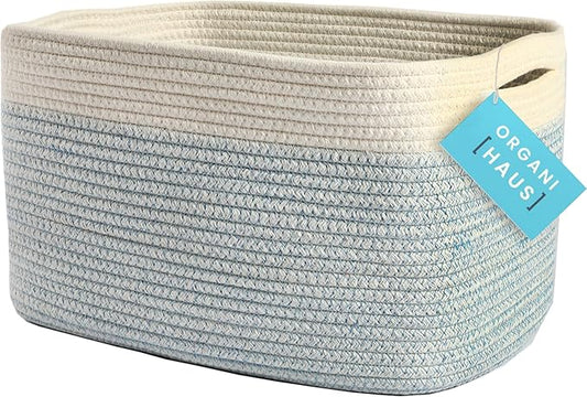 OrganiHaus White and Blue Basket | Coiled Rope Basket with Handles | Woven Basket for Storage | Nursery Storage Basket | Decorative Storage Basket | Towel Baskets for Bathroom | Baby Toy Basket