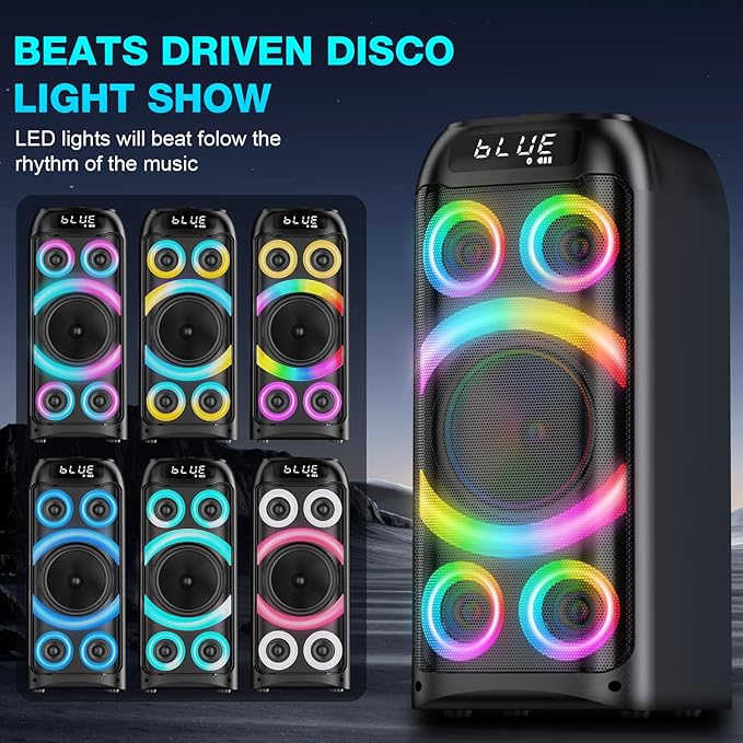 Bluetooth Speaker, 160W Peak Powerful Loud Stereo Sound Deep Bass Wireless Boombox Portable Large Party Speakers with Subwoofer TWS Pairing Dynamic LED Light for Outdoor Camping Backyard Events