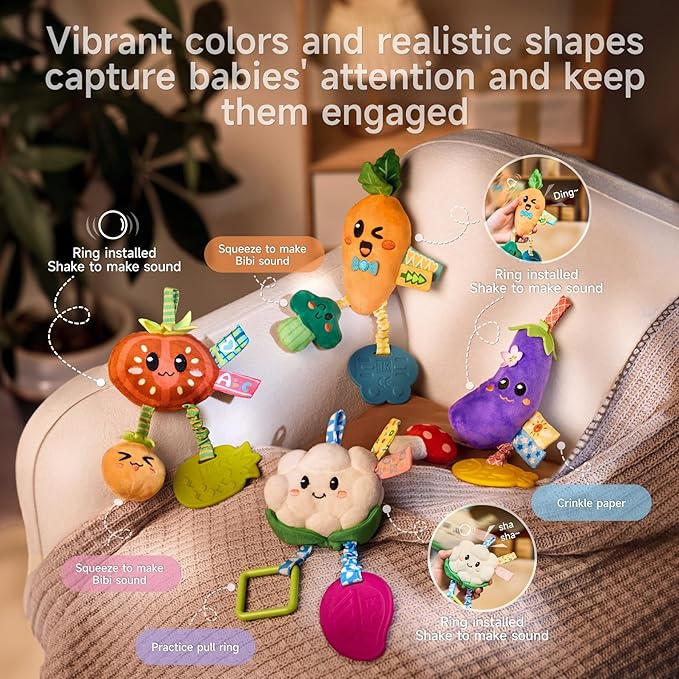 TUMAMA Hanging Vegetable Plush Toy Set, 4 Different Vegetable Crib Stroller Toys, Early Baby Cognitive Sensory Rattle Hanging Toy with Teether. Suitable for Babies 0, 3, 6, 9, 12 Months