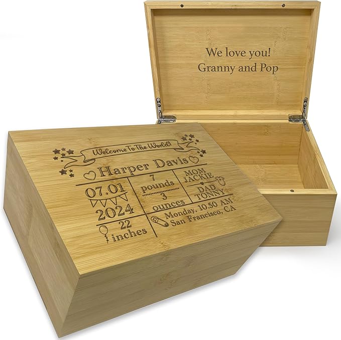 Customized Welcome Baby Box - Newborn Baby Announcement Gifts, Custom Gift for Boy or Girl, Engraved Announcement Boxes with Birth Stats, New Born Keepsake Storage, Welcome to the World Memory Chest