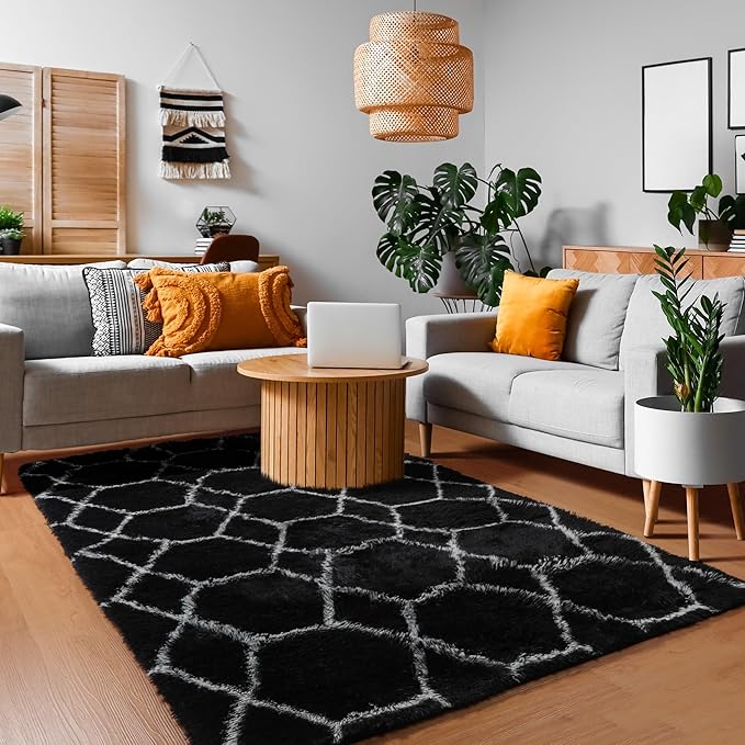 ONASAR 5x7 Area Rugs for Living Room Bedroom, Washable Fluffy Black and White Rug, Geometric Boho Soft Plush Shaggy Floor Carpet Mat for Nursery Kids Girls Boys Teen Dorm Home Decor Aesthetic