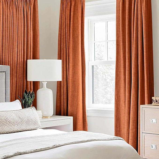 MIULEE 100% Blackout Linen Curtains for Bedroom Thermal Insulated Orange Grommet Room Darkening Curtains & Drapes Fall Decor for Living Room Nursery 52 x 96 Inch (2 Panels)