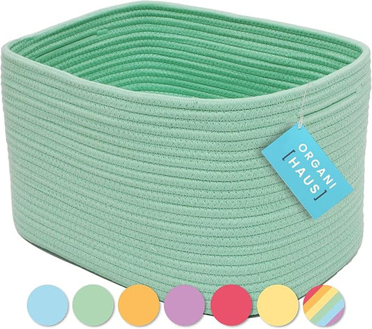 OrganiHaus Green Basket for Shelves, Decorative Cloth for Organizing, Cotton Rope Storage Basket for Toys, Small Woven Baskets for Storage
