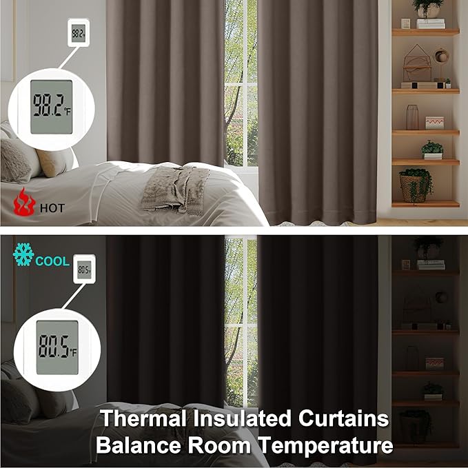 Simplebrand Ava Brown Blackout Curtains for Bedroom 63 Inch Length 2 Panels Set, Solid Thermal Insulated Energy Saving Rod Pocket Window Treatment Curtains Blackout Drapes, W40 x L63 Inch, Brown