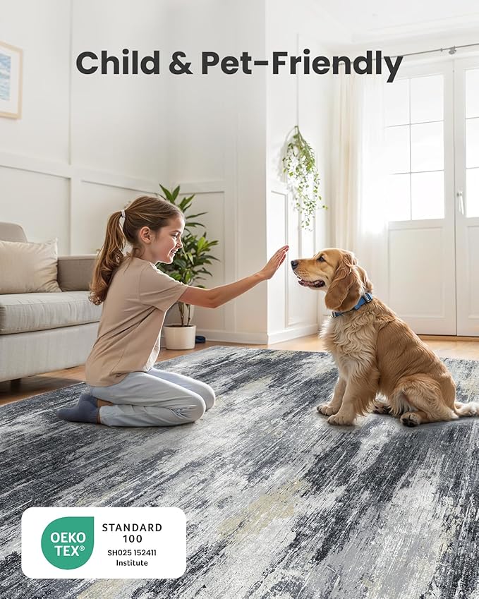 AMADA HOMEFURNISHING 6x9 Washable Area Rug, Modern Abstract Living Room Rug with Non-Slip Backing & Short Pile, Large Rug with Abstract Pattern for Living Room, Bedroom and Dinning Room, Light Grey