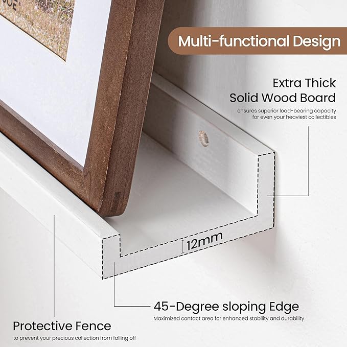 Picture Ledge Shelf, Solid Pine Wood Floating Shelves Set of 2, 48 Inches Nursery Book Shelves for Toys Storage, Kids Bookshelf Wall Mounted for Living Room Bedroom Decor Books Photo Frames, White