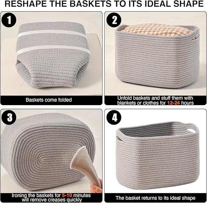Storage Baskets for Organizing Shelves, Woven Cotton Rope Bins for Baby Nursery Organization, Book Toy Towel Organizer, 15"x11"x9.5", 3 Packs, Grey