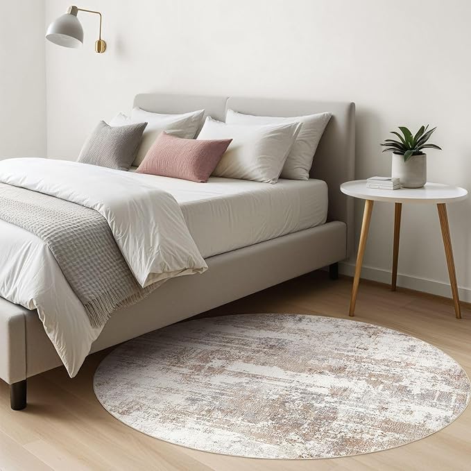 Round Rug Living Room Rugs: 8Ft Washable Circle Large Abstract Modern Soft Stain Resistant Non Slip Indoor Floor Carpet for Bedroom Nursery Office Dining Room Dorm Home House Decor- Brown