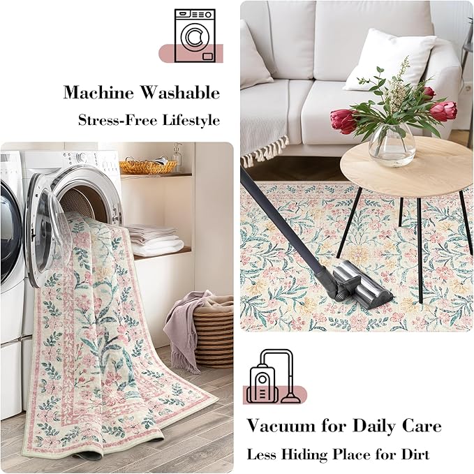 Wonnitar Washable Area Rug 6x9, Pink Floral Rugs for Bedroom Girls Soft Living Room Carpet Ultra-Thin, Boho Non Slip Non-Shedding Pastel Nursery Carpet for Kids Room Playroom Dorm