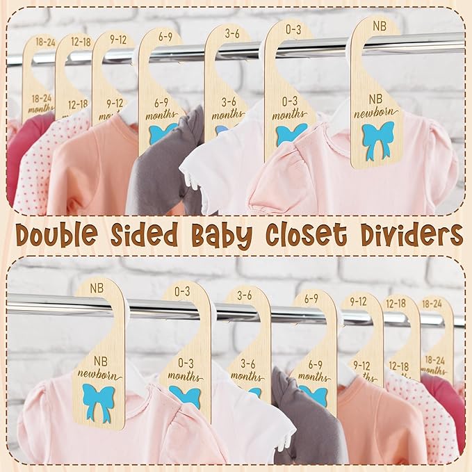 R HORSE Wooden Baby Closet Dividers - 3D Coquette Blue Bow Baby Closet Organizer, 8Pcs Double-Sided Newborn Clothes Size Hanger Dividers, Nursery Decor Birthday Gift for Boy Girl (0-24 Months)