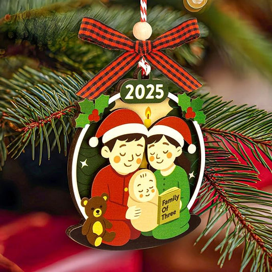 Family of 3 Christmas Ornaments 2025 - Our First Christmas As A Family of Three Ornament 2025, Unique Baby 1st Xmas Ornaments, New Parents Gifts for Mom Dad Xmas Tree Decorations