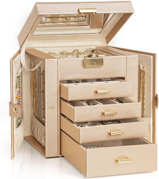 AKOZLIN 5-Tier Jewelry Box Leather Jewelry Storage Organizer with 4 Drawers Lockable for Women Girls Ring Necklace Earring Bracelet Watches Holder with Mirror Champagne