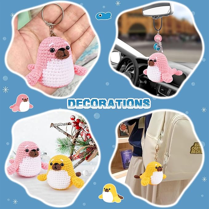 Crochet Kit for Beginners - Seal Crochet Kits with Step-by-Step Video Tutorials, Beginner Crochet Kit for Adults Kids, Crochet Animal Kit, 2 PCS Seals with a Fish Crocheting Set