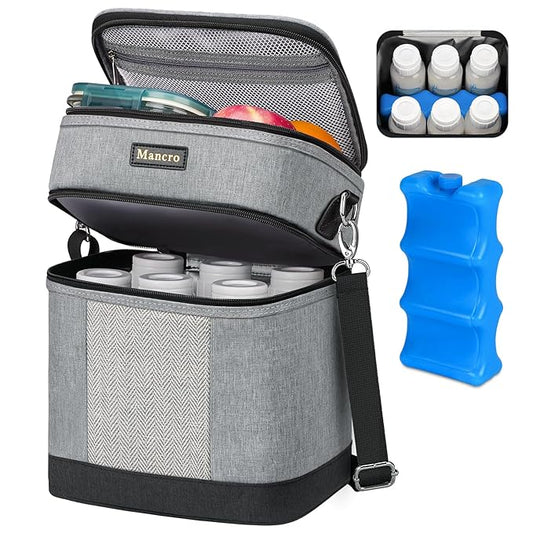 Mancro Breastmilk Cooler Bag with Ice Pack, insulated bottle bag for Daycare and Travel, Double Layer Baby Bottle Cooler Bag Fits 6 up to 9 Ounces for Nursing Moms, Light Grey