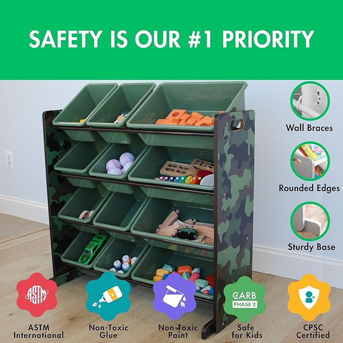 Humble Crew Kids Toy Storage Organizer with 12 Plastic Bins, Camo – Removable Bins for Playroom, Bedroom, Toddler Furniture for Boys and Girls Ages