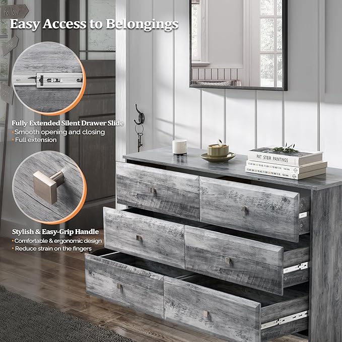 VINGLI Gray Dresser 6 Drawer, 54" Long Dresser for Bedroom, Wood Chest of Drawers with Textured Drawer Fronts, Rustic Grey Dressers Chest, 14.5" D x 53.9" W x 29.1" H