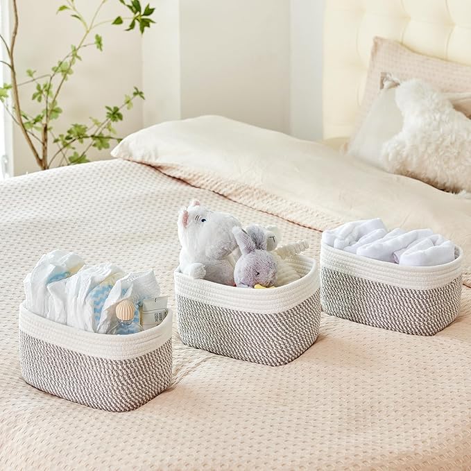 Small Cotton Rope Storage Basket Set of 3-11"x7"x7" Perfect Woven Baskets for Storage, Ideal Storage Baskets for Organizing Toys, Towels, and More - Baskets for Shelves（White & Mixed Grey）