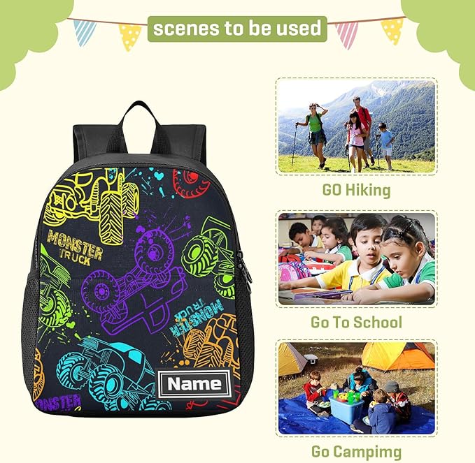 Colorful Monster Truck Toddler Backpack Waterproof Mini Backpack with Name/Text Preschool Backpack Cute Small Backpack Kindergarten Pre School Bags 13 Inch, Medium, Pattern 2