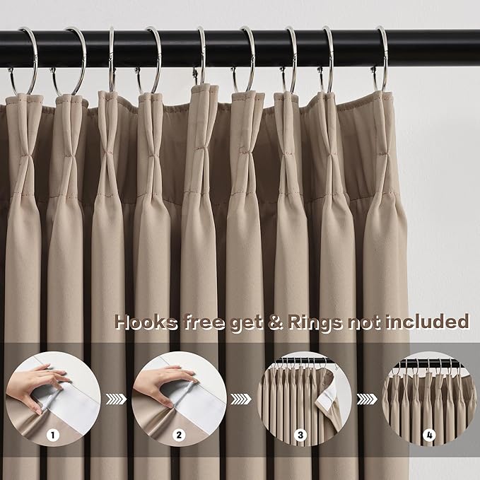 KEQIAOSUOCAI 60 Wide Pinch Pleated Window Curtain Panels 90 Inches Long Custom Made Pleated Curtains Hooks Track Privacy Memory Shape Drape for Living Room,Khaki, Set of 2=120 Inch Wide