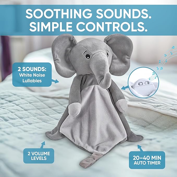 Love By Emi Baby Music Lovey Grey Elephant, Baby Sleep Soother for Crib & Cuddle Bedtime, White Noise with a Heartbeat & Lullaby, Plush Sound Toy, Stuffed Animal for Newborns, Infants & Toddlers