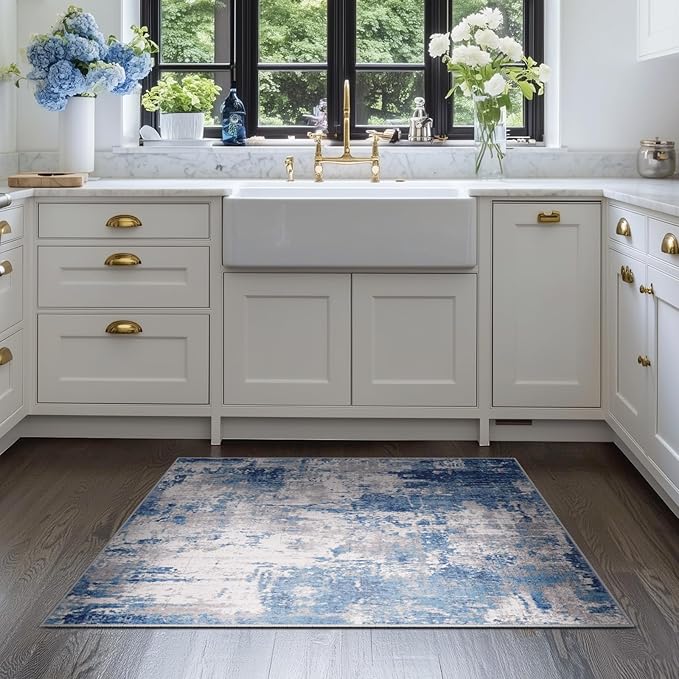 Washable Area Rugs 3'x5' Non-Slip Modern Abstract Soft for Living Room Entryway Bedroom Nursery, Print Pattern, Blue Grey Navy Gray