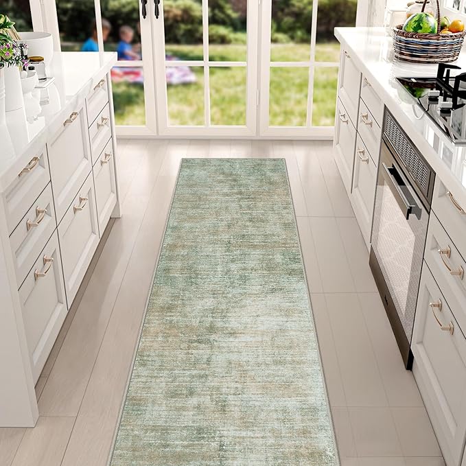 Washable Modern Abstract Kitchen & Hallway Runner Rug, 2'6''x8', Green with Non-Slip Backing