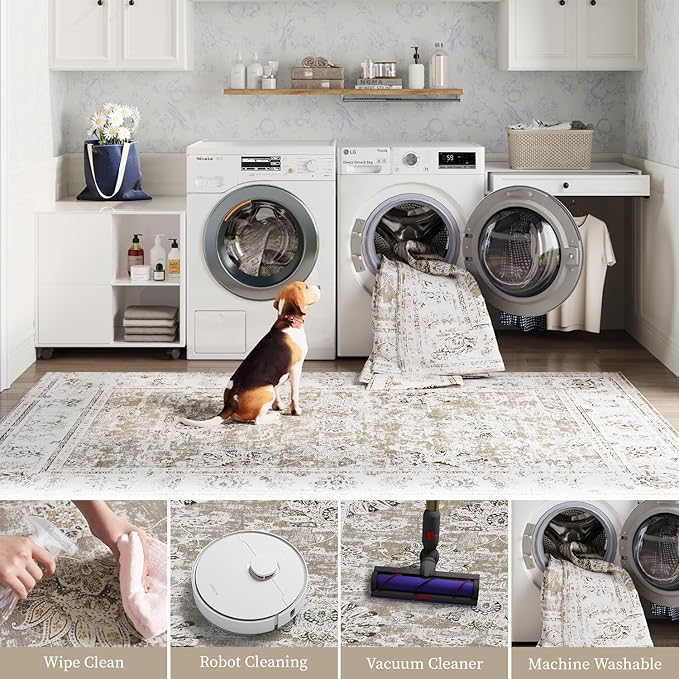 jinchan Hallway Runner Rug 3x7 Machine Washable Runner Rug Taupe Vintage Floral Design Non-Slip Low Pile Ultra-Thin for Kitchen Laundry Room Bedroom Farmhouse (3‘x7',Taupe)