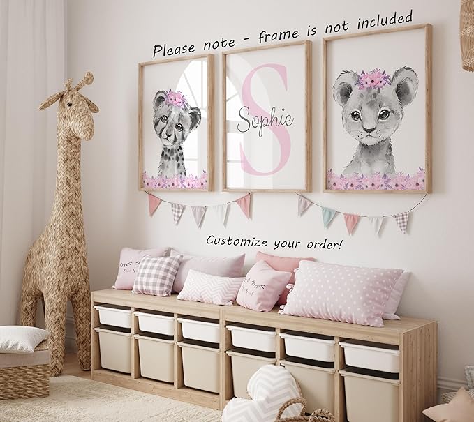 Safari Animals Girls Nursery Bedroom Unframed Set of 3 Poster Prints, Personalized Name Pink or Purple Flowers Wall Art Decor New Baby Gift Present, Elephant Giraffe Panda Zebra Lion (17x22)
