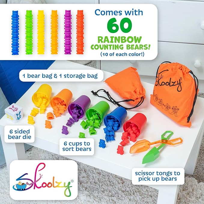 Skoolzy 60 pcs Rainbow Counting Bears 5 pk - Teddy Bear Bounters with 6 Color Sorting Cups, Math Games Dice Toy, Montessori Tong & 2 Storage Bags - Counting & Color Recognition Toys for Age 3+