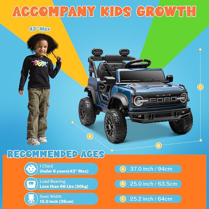 ENYOPRO Licensed Ford Bronco Raptor Electric Ride On Jeep for Kids, 12V Remote Control Ride On Car for Toddlers, Electric Vehicle w/Shock Absorbers, Soft Start, Bluetooth, LED Lights, 2 Speed (Blue)
