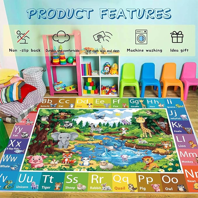 ABC Rug for Kids Room, ABC Baby Mats for Floor Toddlers, Alphabet Play Mat Elementary Preschool Kid's Rugs with Animal Illustrations - (78.7X59 Inches)