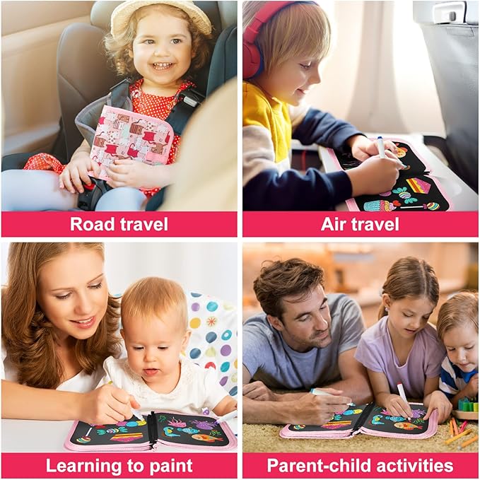 Erasable Doodle Set for Kids - Magic Drawing Book With 12 Watercolor Pens, 14 Page Reusable Book, Road Trip Car Game Writing Painting Set for Boys and Girls (Cat Pink)