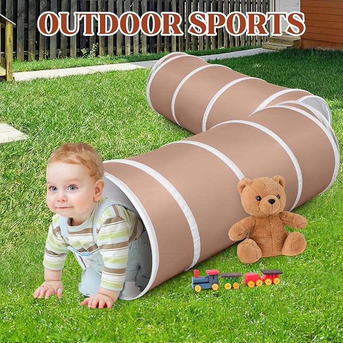 Kids Play Tunnel Tent for Toddlers, Pop Up Crawl Tunnel Toy for Baby or Pet with Neutral Color, Collapsible Gift for Boy and Girl Play Tunnel Indoor and Outdoor Game (Brown Tunnel)