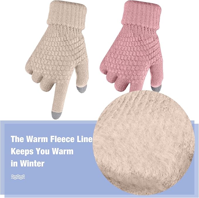 Geyoga 2 Pairs Women's Winter Touch Screen Gloves Soft Warm Fleece Lined Knit Elastic Cuff Winter Texting Gloves