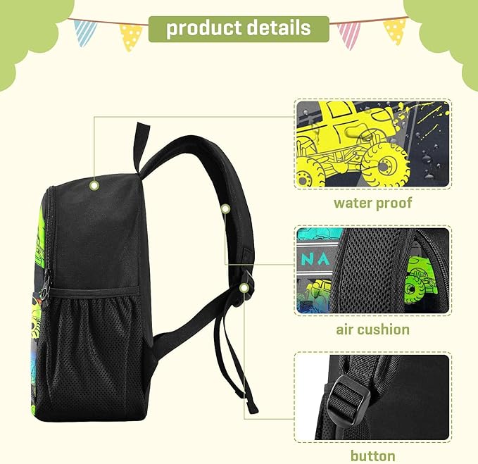 Toddler Backpack Colorful Monster Truck Waterproof Mini Backpack with Name/Text Preschool Backpack Cute Small Backpack Kindergarten Pre School Bags 11 Inch, Pattern 1