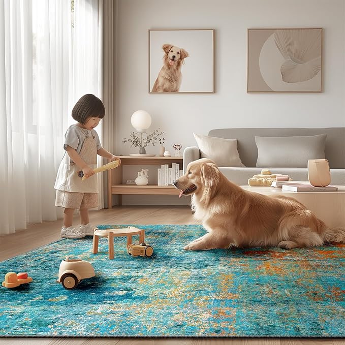 Washable Area Rugs 8'x10' Non-Slip Modern Abstract Soft for Living Room Entryway Bedroom Nursery, Print Pattern, Teal Blue Green Orange Rust Red Colorful