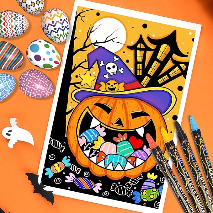 Betem 24 Colors Dual Tip Acrylic Paint Pens Markers, Premium Acrylic Paint Pens for Halloween Decorations, Wood, Canvas, Stone, Rock Painting, Glass, Ceramic Surfaces, Pumpkin Painting Kit DIY Crafts
