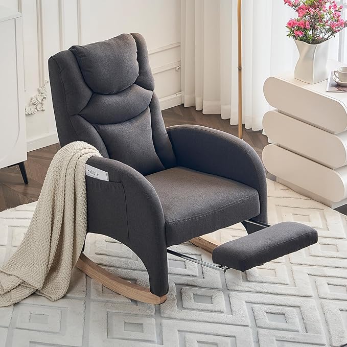Rocking Chair Nursery, Modern Glider Chair with Adjustable Footrest and Solid Wood Legs, High Backrest Nursery Chair with Side Pocket, Rocker Armchair for Living Room Bedroom, Cotton Linen Dark Gray