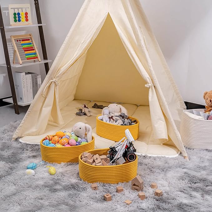 Shelf Storage Baskets for Organizing|Decorative Basket for Closet Storage|Toy Baskets&Bins|Small Woven Rope Baskets-13x8.66x5.11’’,Durable&Stylish,Oval 3 Packs Yellow