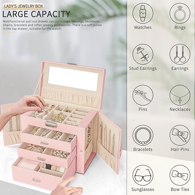 AKOZLIN 4-Tier Jewelry Box Lockable Leather Jewelry Storage Case Organizer with 3 Drawers for Women Girls Ring Necklace Earring Bracelet Watches Holder with Mirror Pink
