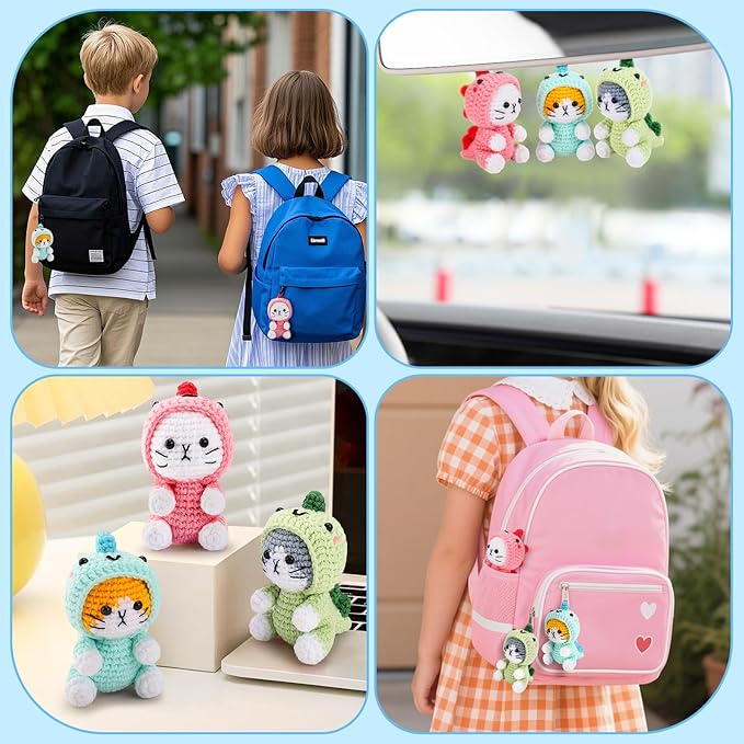 Crochet Kit for Beginners - 3 PCS Dinosaur Cat Crochet Kits with Step-by-Step Video Tutorials, Beginner Crochet Kit for Adults Kid, Crochet Animal Kit for Starters, Cat Dressed as Dinosaur Crochet Set