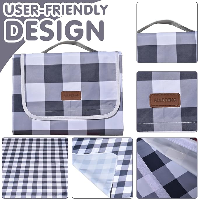 80"x60" Waterproof Sandproof Picnic Mat - Portable Foldable Outdoor Blanket for Beach, Park, Travel & Indoor Use - Lightweight Compact Design, Easy-Carry (Gray&White)