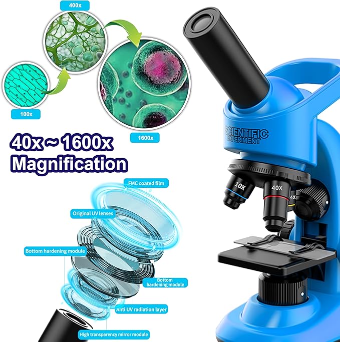 Kids Microscope,40-1600x Microscope Kit for Kids Beginners Children,STEM Kit,Prepared Slides,LED Light and Configured Various Operating Tools- Science Experiment Toy for Kids Ages 6-12